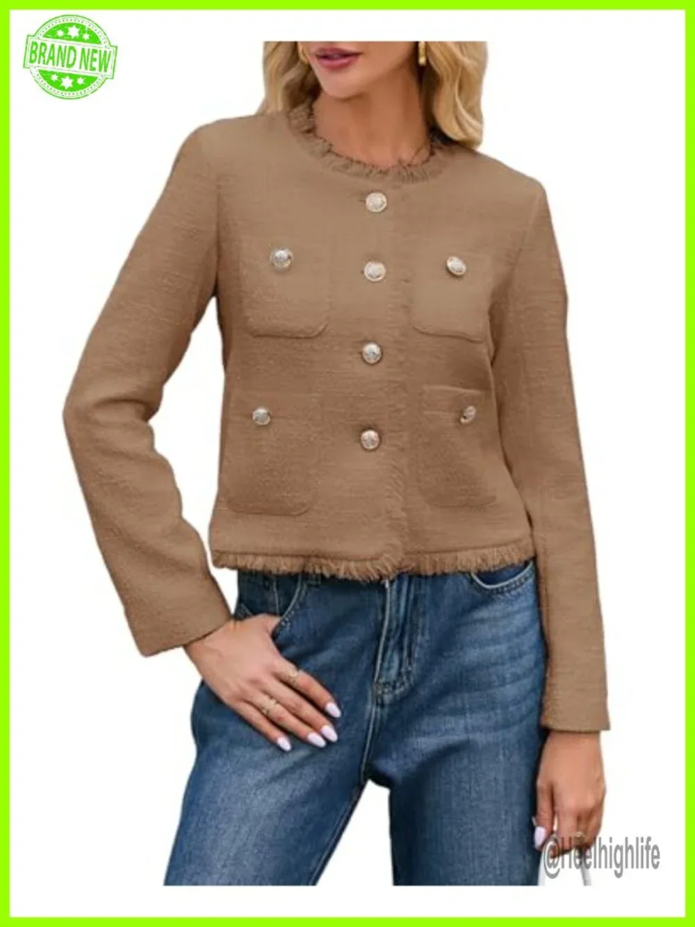 Cropped Tweed Blazer Jacket for Women - Collarless Long Sleeve Button Down Work